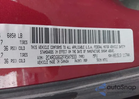 2015 Dodge Grand Caravan American Value Pkg из США, поврежденный, VIN 2C4RDGBG2FR507933